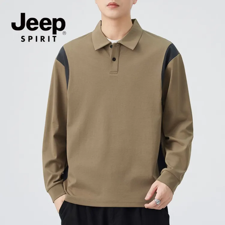 JEEPSPIRIT吉普新款秋季撞色拼接Polo衫男翻领宽松百搭休闲长袖潮