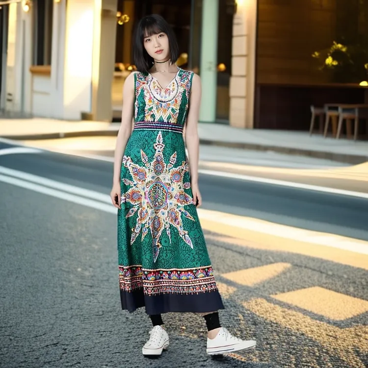 异域风情手工钉珠无袖连衣裙印花大码显瘦民族风长裙裙子夏季吸汗