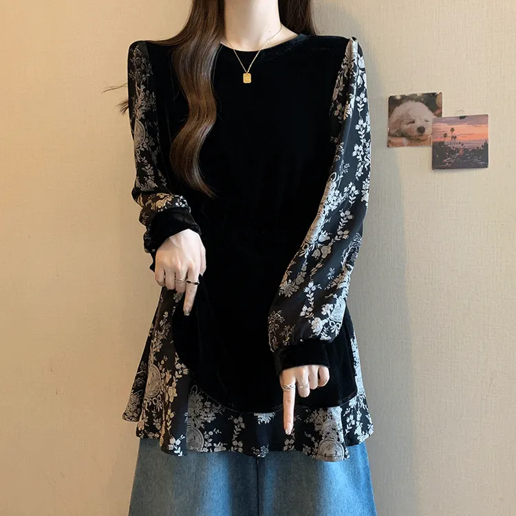 假两件碎花拼接金丝绒衬衫女2025秋装新款大码胖mm中长款收腰上衣