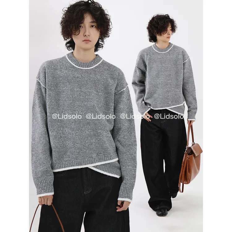 Lid solo秋冬立体斜纹不规则下摆羊毛毛衣简约拼色针织上衣