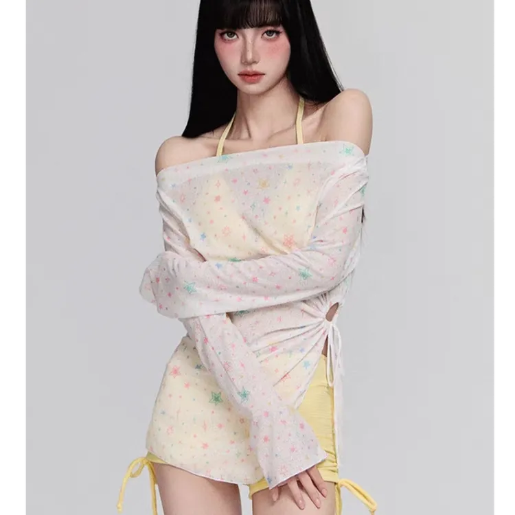 泳衣女高级感2025新款长袖海边度假比基尼三件套分体小胸纯欲泳装