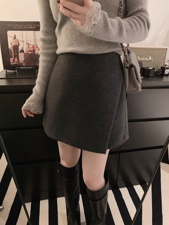 2025秋冬季加厚开叉毛呢半身裙防走光简约高腰短款A字包臀裙裤女