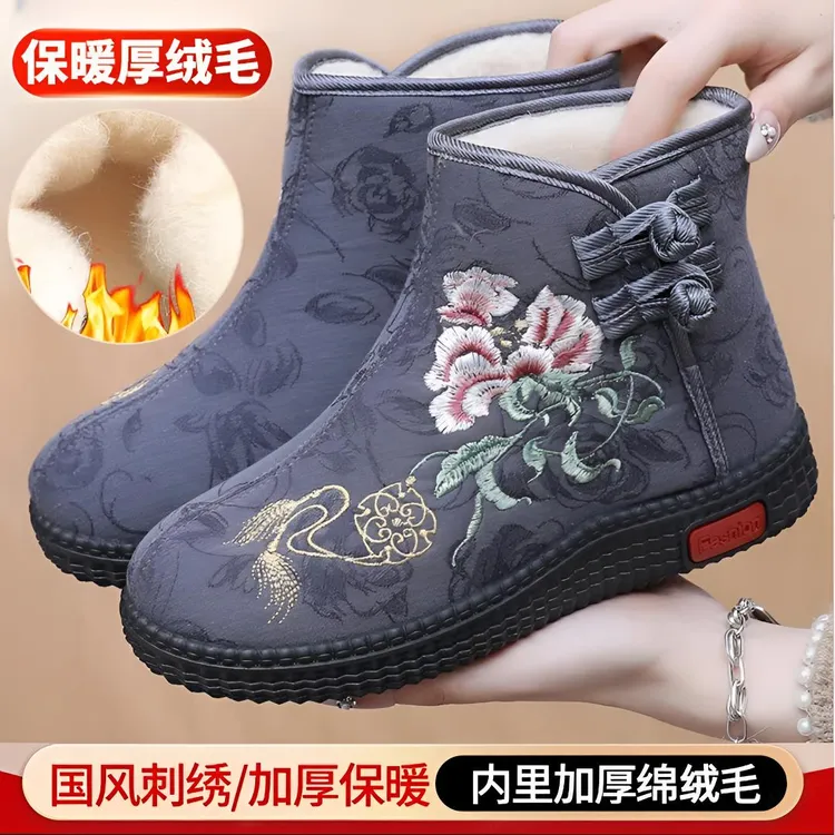 老北京布鞋女棉鞋外穿冬季保暖加绒加厚雪地靴软底老年鞋妈妈鞋