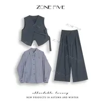 【zonefive】珩绣韩系设计感马甲条纹衬衫长裤新款三件套Y-T25836