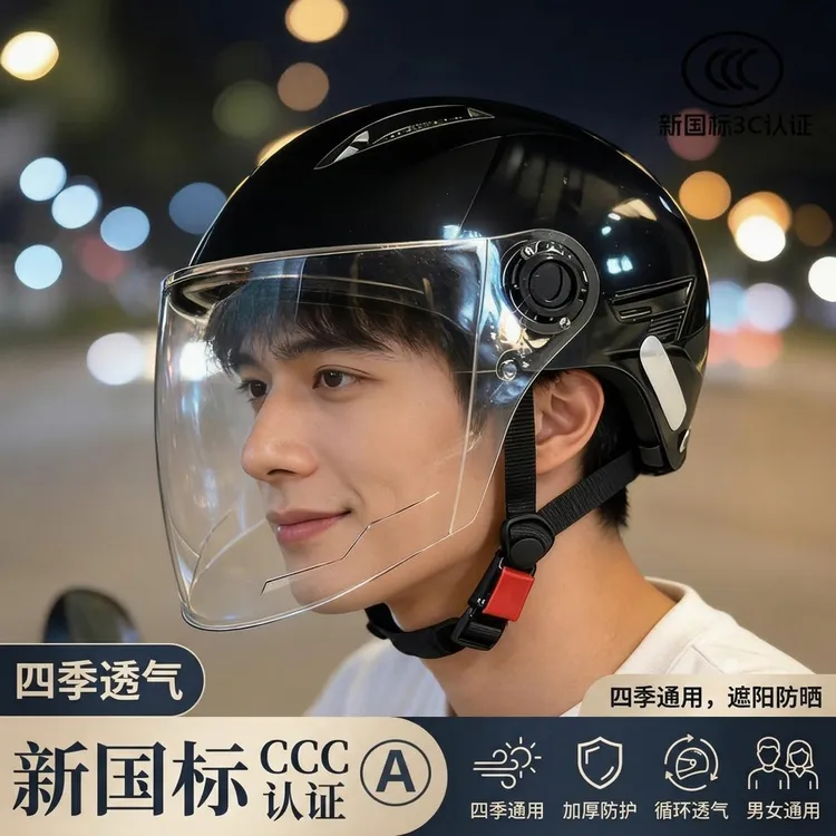 2026新双镜盔3C认证夏季透气防晒男女通用电瓶车摩托车揭面安全帽