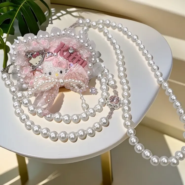 可爱kitty镜子款ins手机背夹挂脖珍珠斜挎精致仙女必备手机壳挂绳