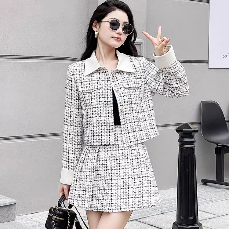 经典黑白格纹气质小香风套装裙女秋2025新款法式格纹女装两件套