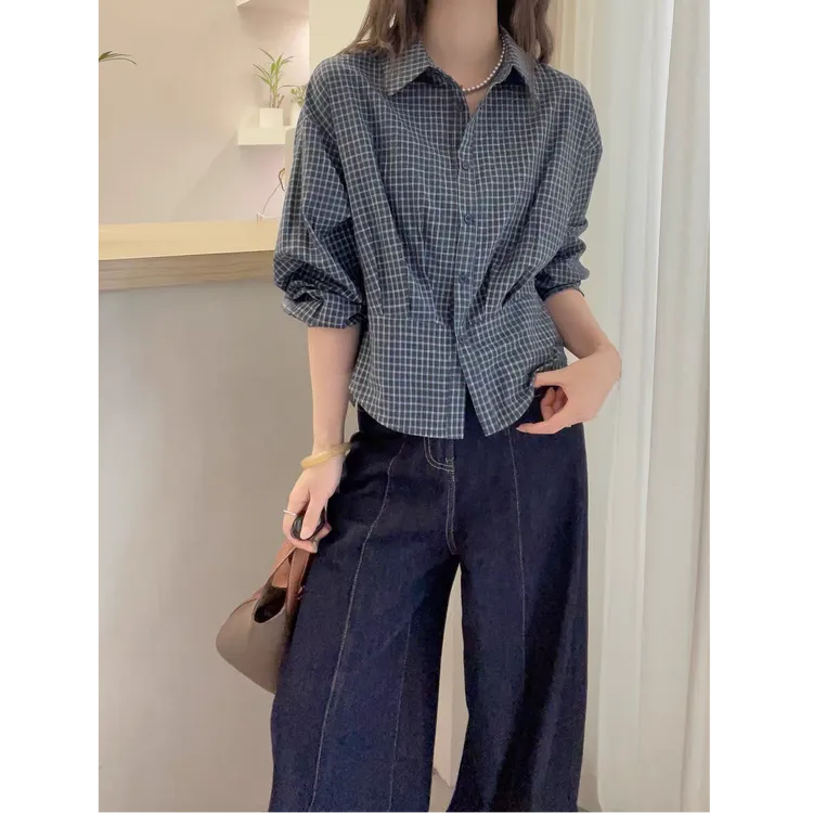 欧洲站2025早秋新款欧货格子收腰短款衬衫女士春秋七分袖衬衫上衣