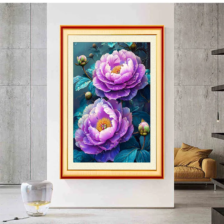 【美娜丽莎】客厅卧室玄关画水滴牡丹十字绣34色满绣无勾边60X80cm