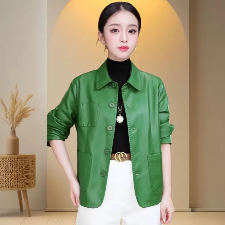 【单里衬】海宁正品2025春秋新款时尚休闲翻领气质皮衣外套女JH03