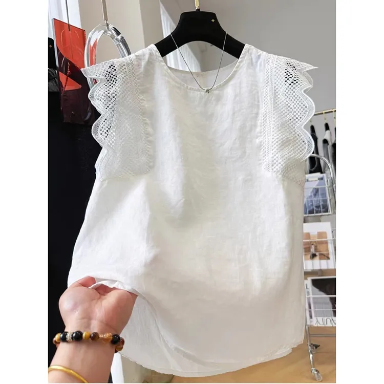 胖mm大码蕾丝花边亚麻飞飞袖衬衫女夏季宽松减龄洋气无袖背心小衫