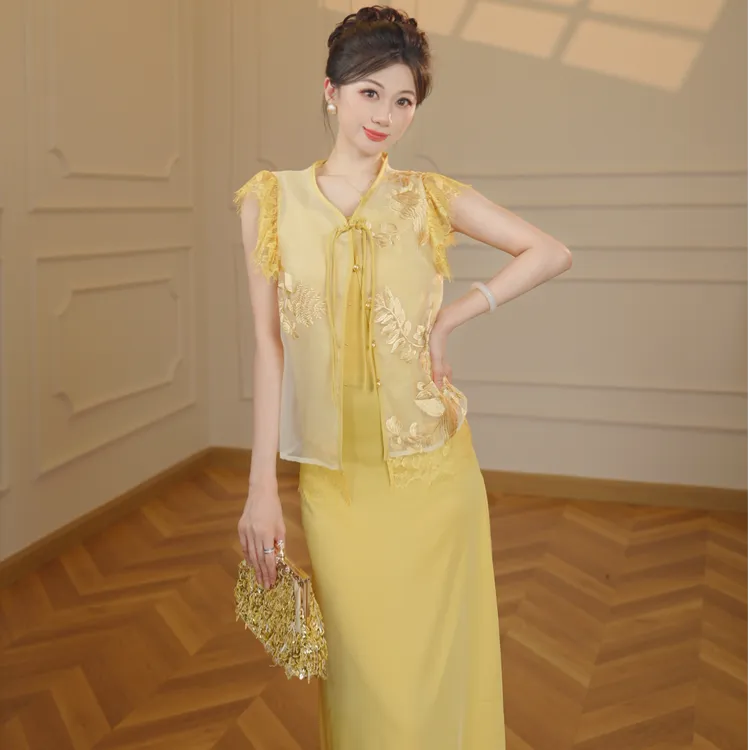 【张小小】【两件套】名媛气质新中式国风缎面黄色吊带连衣裙套装6522
