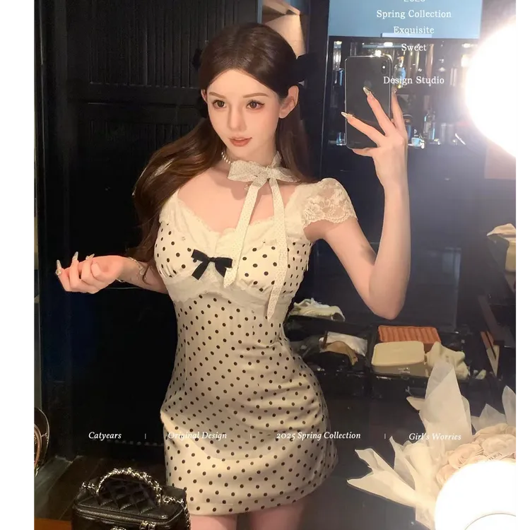 【浪漫波尔卡】夏季新款纯欲波点蕾丝拼接包臀裙显瘦时尚气质短裙女