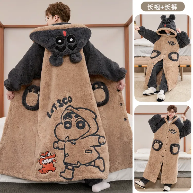 加绒冬季珊瑚绒男睡袍青年卡通保暖家居服宽松加大可外穿睡衣套装