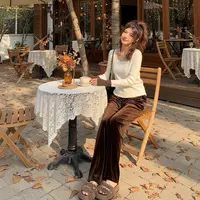 金丝绒加绒阔腿裤女秋冬季慵懒垂坠感直筒拖地裤259-1(HK)