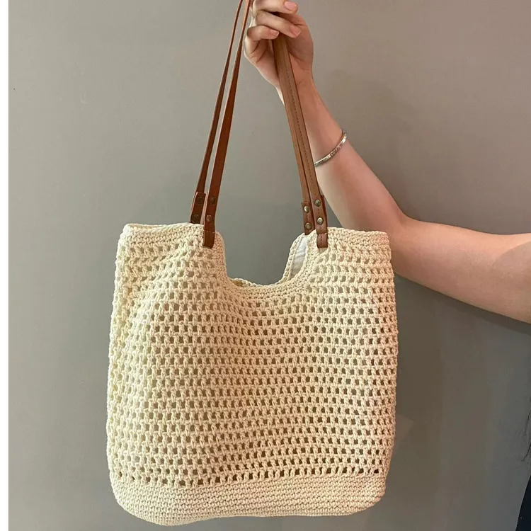 文艺森系手工编织大容量包包外出旅游轻便镂空草编包网纹托特包