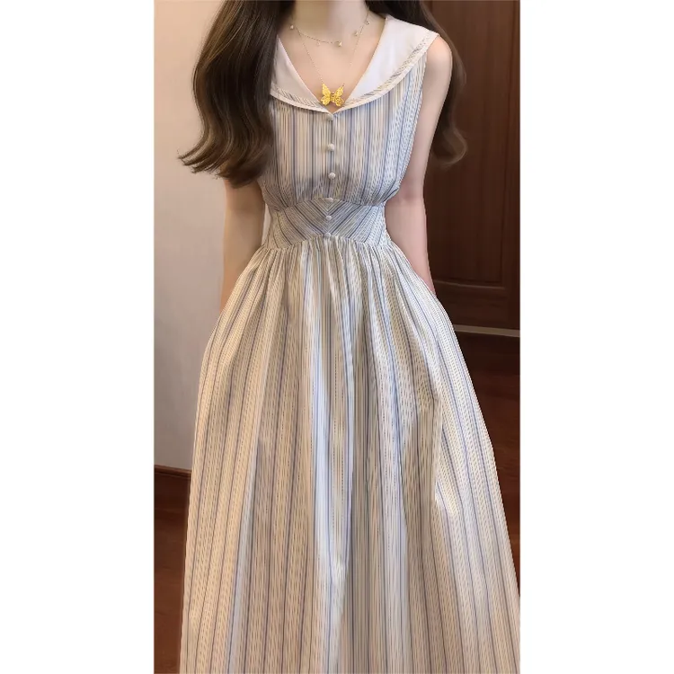 【航海日记】法式复古海军领条纹连衣裙收腰气质长裙9642