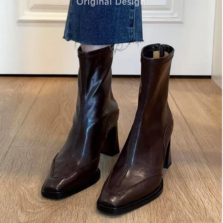 羊皮版!真皮高跟短靴弹力瘦瘦靴女后拉链洋气通勤百搭马丁靴靴女商品图