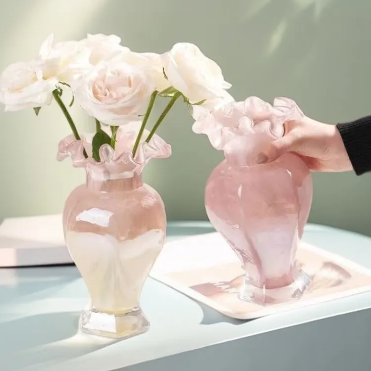 TY 法式中古芬顿琉璃花瓶折纸花边口复古轻奢水培插花玻璃花器