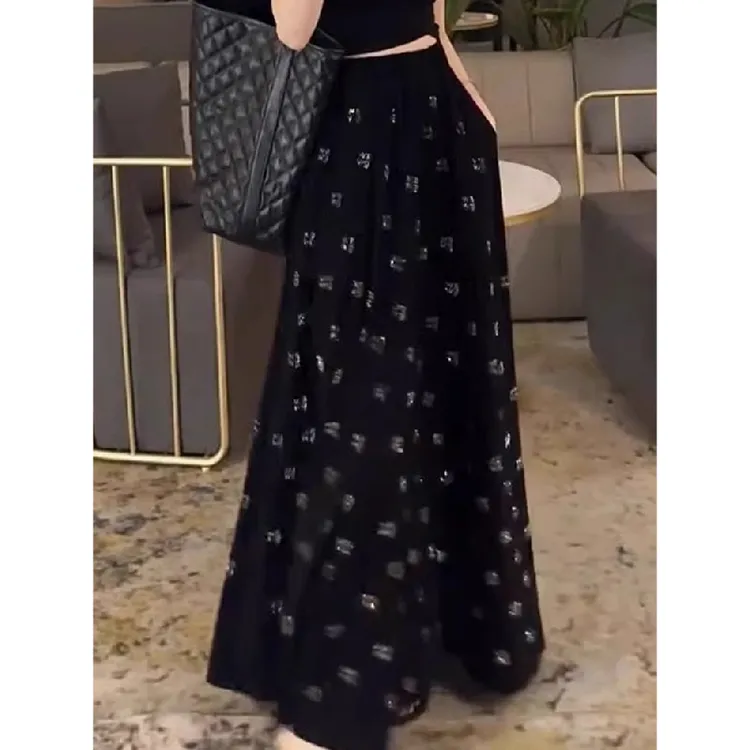 高级感烫钻印花黑色胖mm大码半身裙女夏季法式轻奢高腰显瘦长裙子