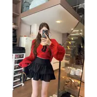 米娜家【本命少女】泡菜订制红色钩花针织毛衣