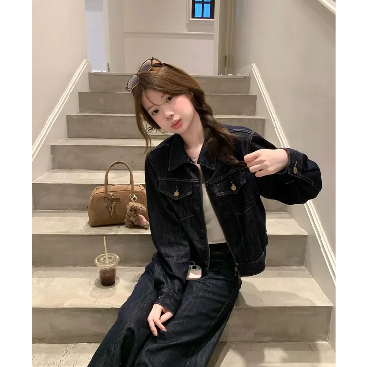 美式复古翻领长袖开衫外套女秋季牛仔套装辣妹休闲直筒休闲裤套装
