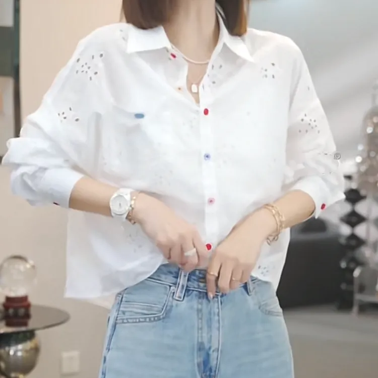 设计感白色蕾丝刺绣长袖衬衫女2025春季新款时尚休闲气质白色衬衣