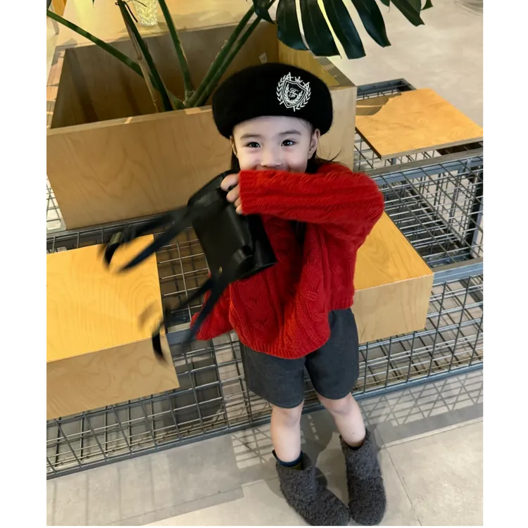 壹妈童装时尚洋气红色针织衫套头上衣女童宝宝百搭毛衣套装短裤