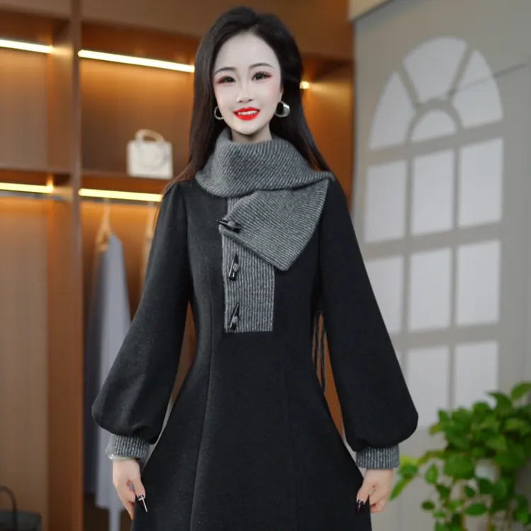 韩版高级感气质减龄带围巾连衣裙M-4XL