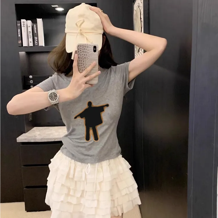 短袖t恤女夏季2025新款潮流宽松可爱甜美设计感印花半袖体恤上衣