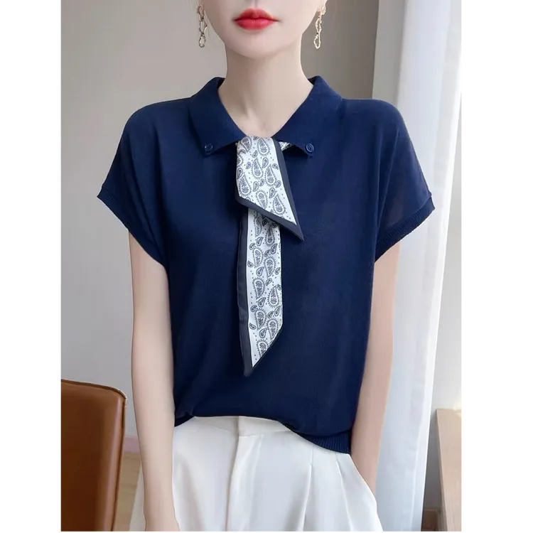 100莱赛尔天丝～慵懒显瘦落肩袖丝巾系带设计感Polo领女针织衫