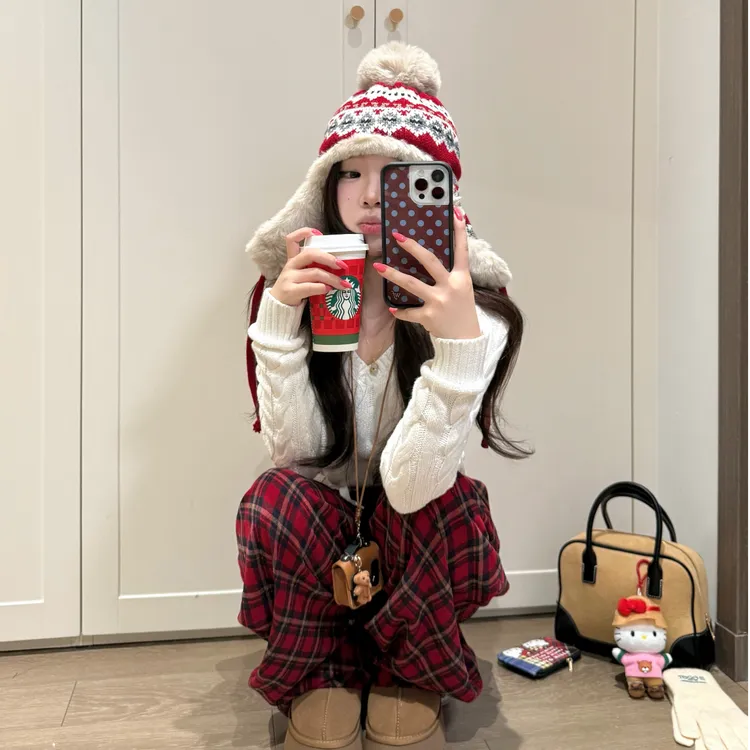 新年战袍圣诞穿搭一整套女秋冬新款针织衫格子裤时尚显瘦两件套装