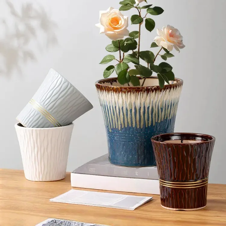 新款陶瓷大口径落地轻奢简约现代风高颜值ins风适用粉色条纹陶瓷