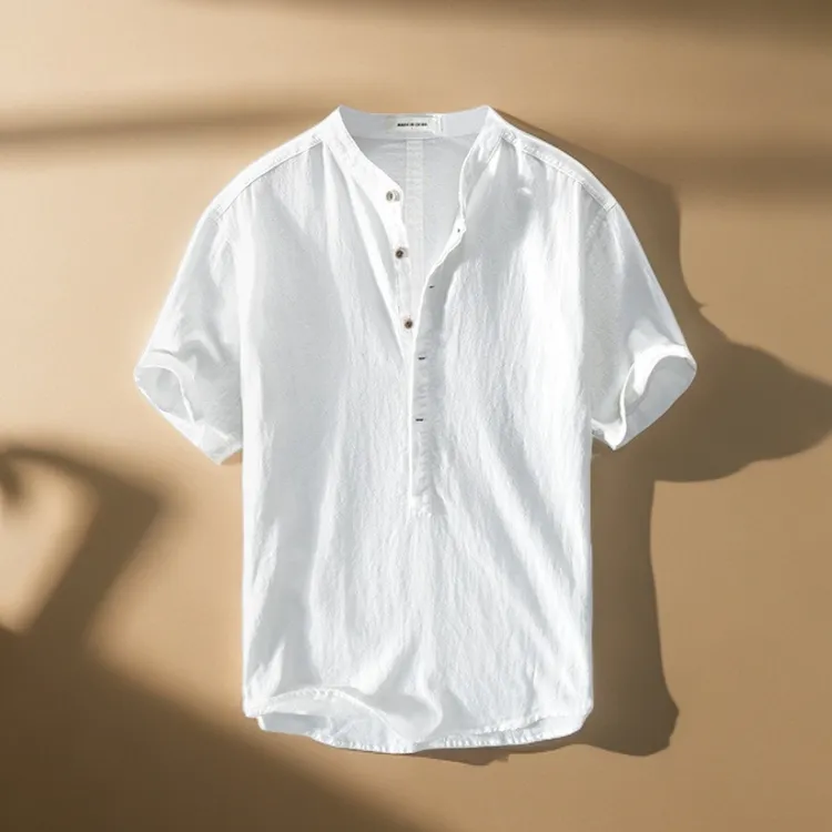 棉麻T恤新款衬衣复古亚麻短袖体恤纯色POLO立领衬衫外套休闲美式