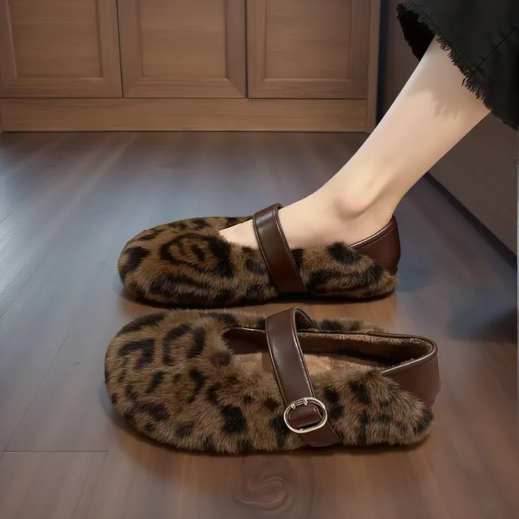 加绒豹纹毛毛鞋女外穿2025新款冬季毛茸茸玛丽珍鞋保暖孕妇棉鞋