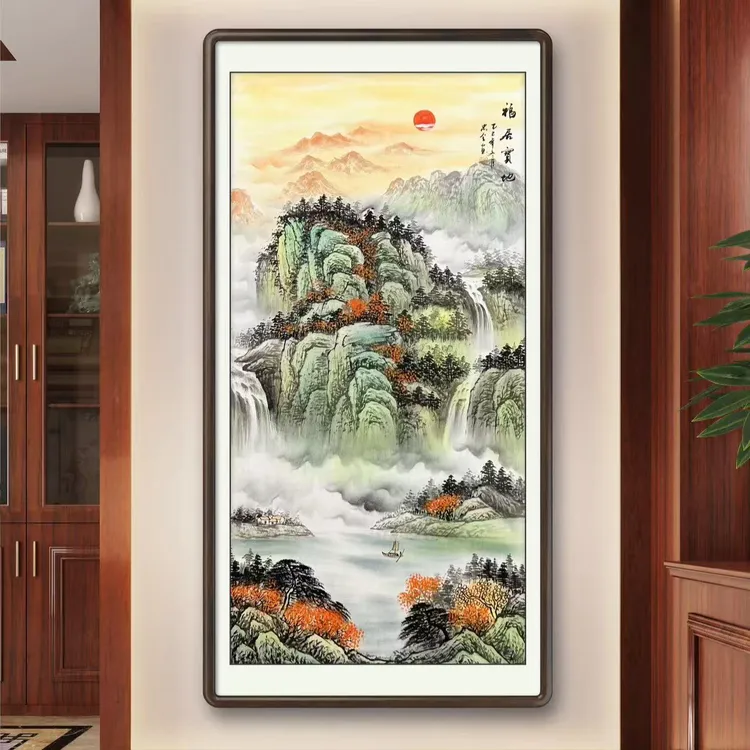纯手绘福居宝地紫气东来山水画竖版玄关挂画旭日东升国画作品文玩商品图