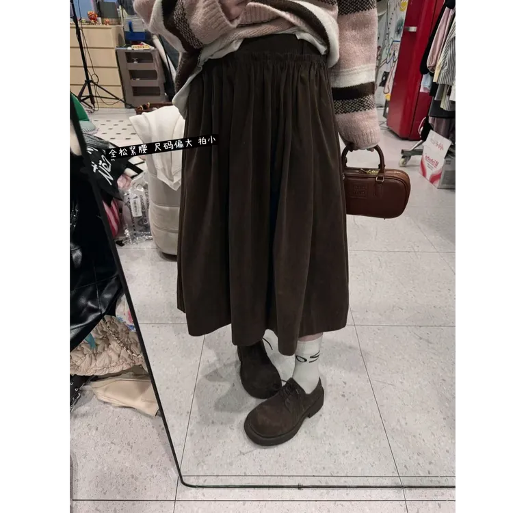 晶咕【栗子蛋糕】灯芯绒条木耳边高腰A字半身裙