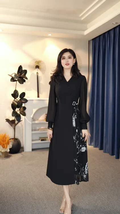 印花法式拼接西装领连衣裙轻奢黑色时尚收腰9012