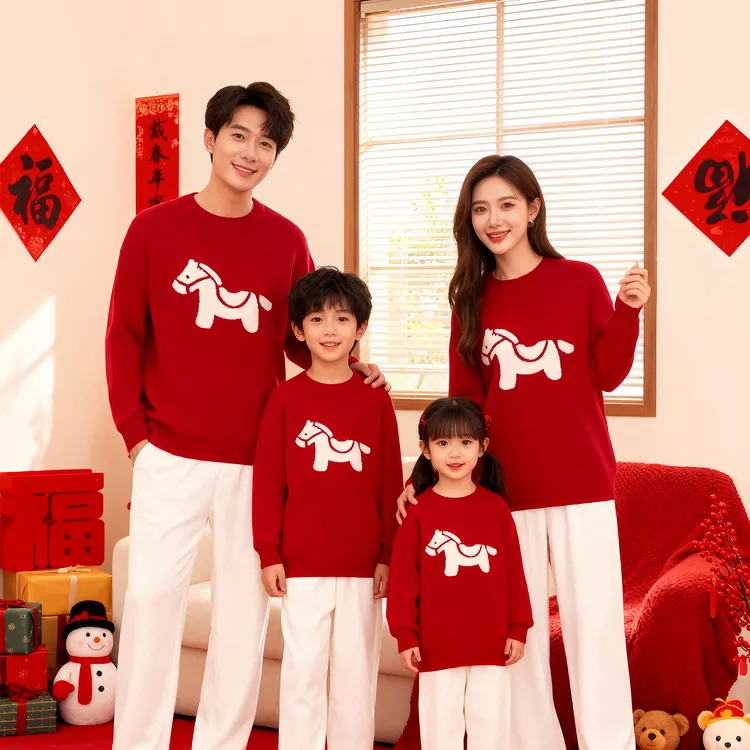 马年亲子装冬季红色毛衣一家三口春节过年母女装母子新年针织衫潮