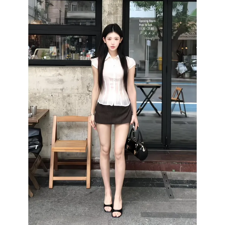 2025夏季新款韩系甜美风修身收腰衬衫上衣搭高腰显瘦条纹半身裙女