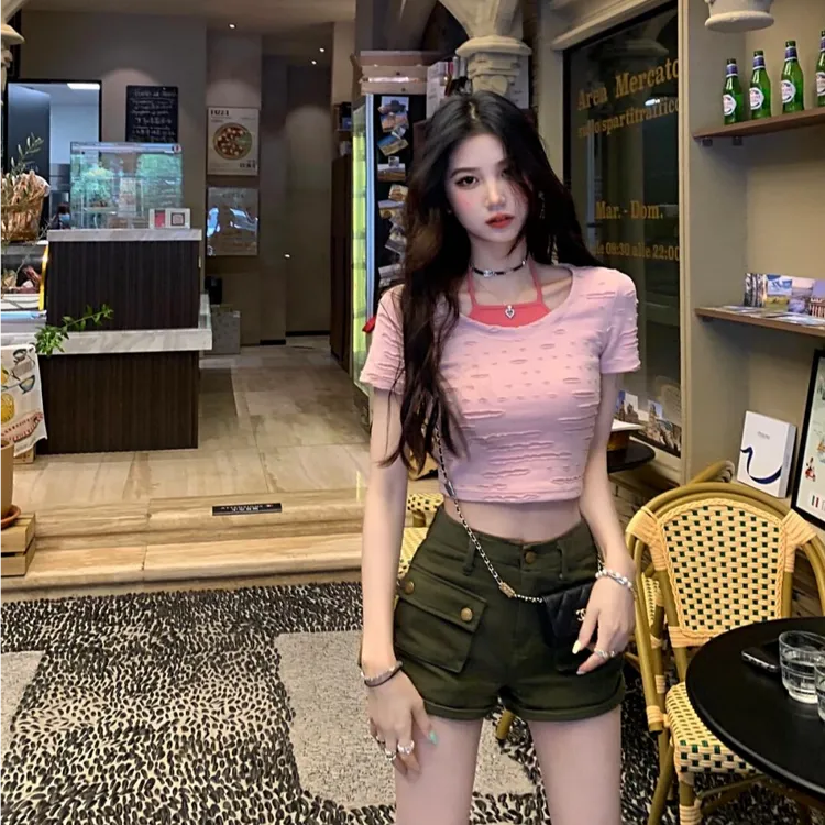 2025夏季新款辣妹洋气时尚设计感假两件上衣短款短袖T恤百搭显瘦