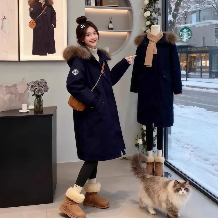 长款工装羽绒棉服女2025年冬新款学院风小个子派克服棉衣加厚外套