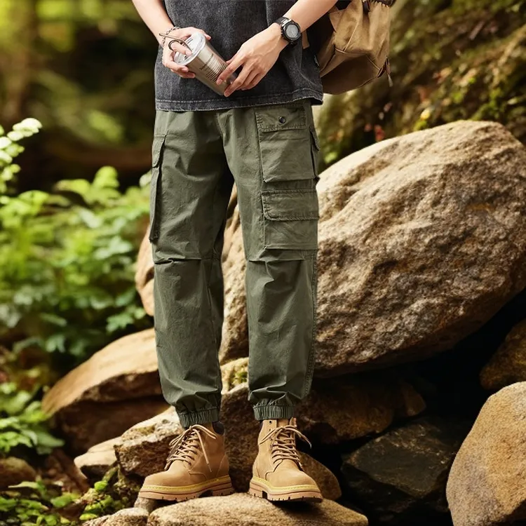 潮流美式复古宽松束口多口袋工装裤男百搭户外束脚休闲加绒长裤子