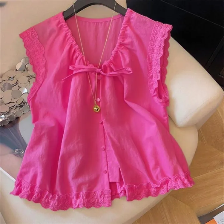 韩系树莓粉甜美减龄蕾丝拼接V领系带衬衫女夏季洋气独特漂亮小衫