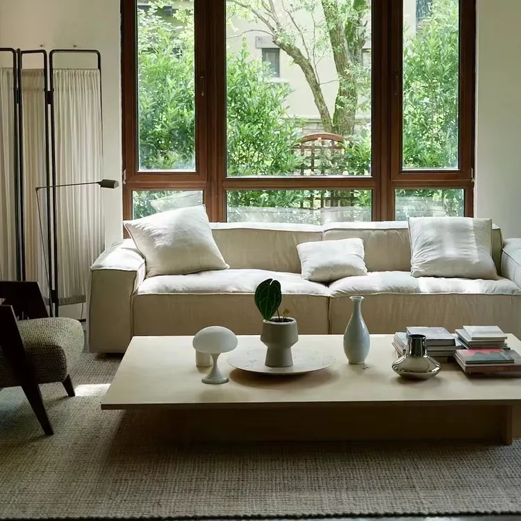 思纳博清风沙发侘寂风亚麻布艺简约豆腐块可拆洗羽绒