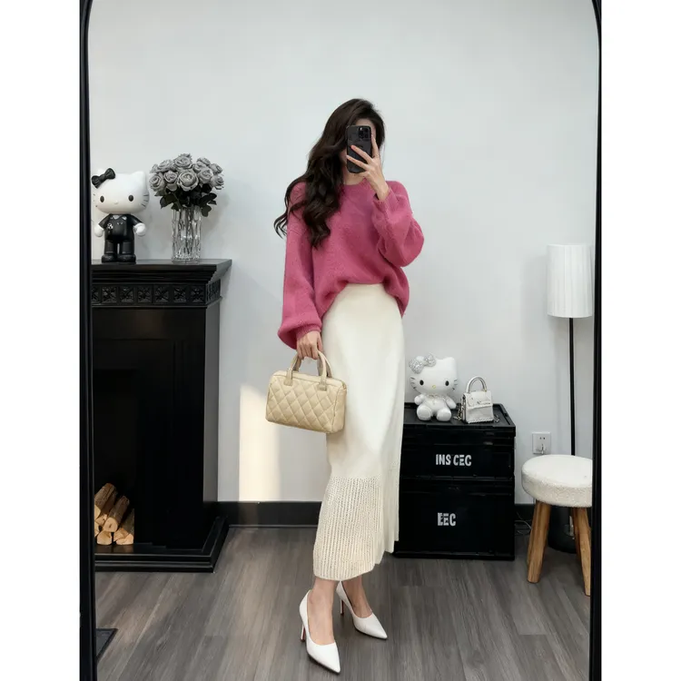 INS CEC秋冬巨好看慵懒风玫红色针织衫奶呼呼毛衣半身裙两件套