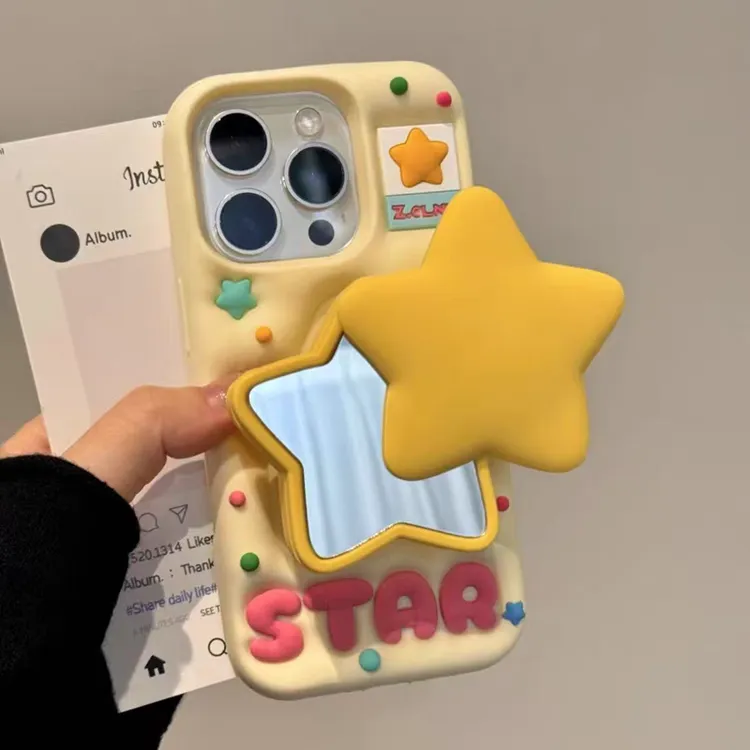 苹果|黄色星星镜子支架适用iPhone17可爱波点ins韩卡通硅胶手机壳
