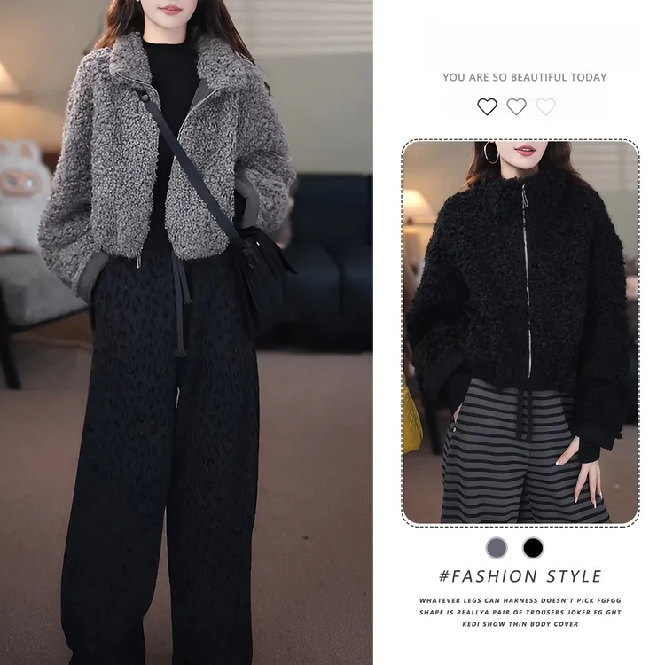 拉夏贝尔立领毛毛短外套女2025年冬新款时髦洋气减龄加厚保暖上衣