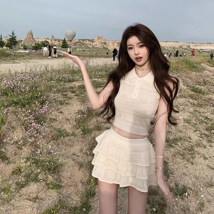 【少女舒适区】韩系甜美穿搭2025夏季新款POLO领针织背心配短裙套装
