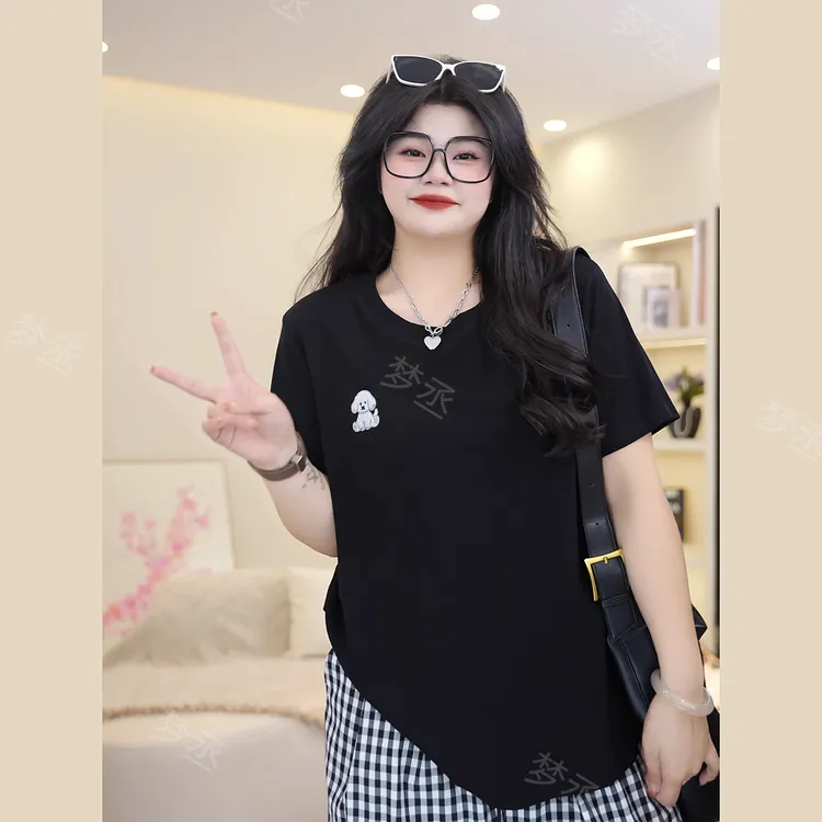 梦丞-大码女装夏季刺绣小狗宽松显瘦短袖女款爆款2025新款上衣